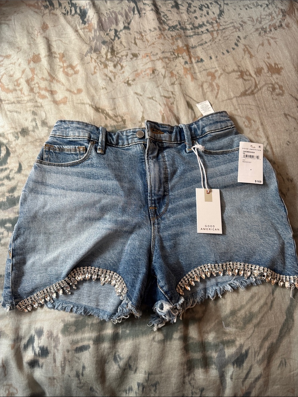 Good American Light Blue Denim Shorts with Crystal Fringe